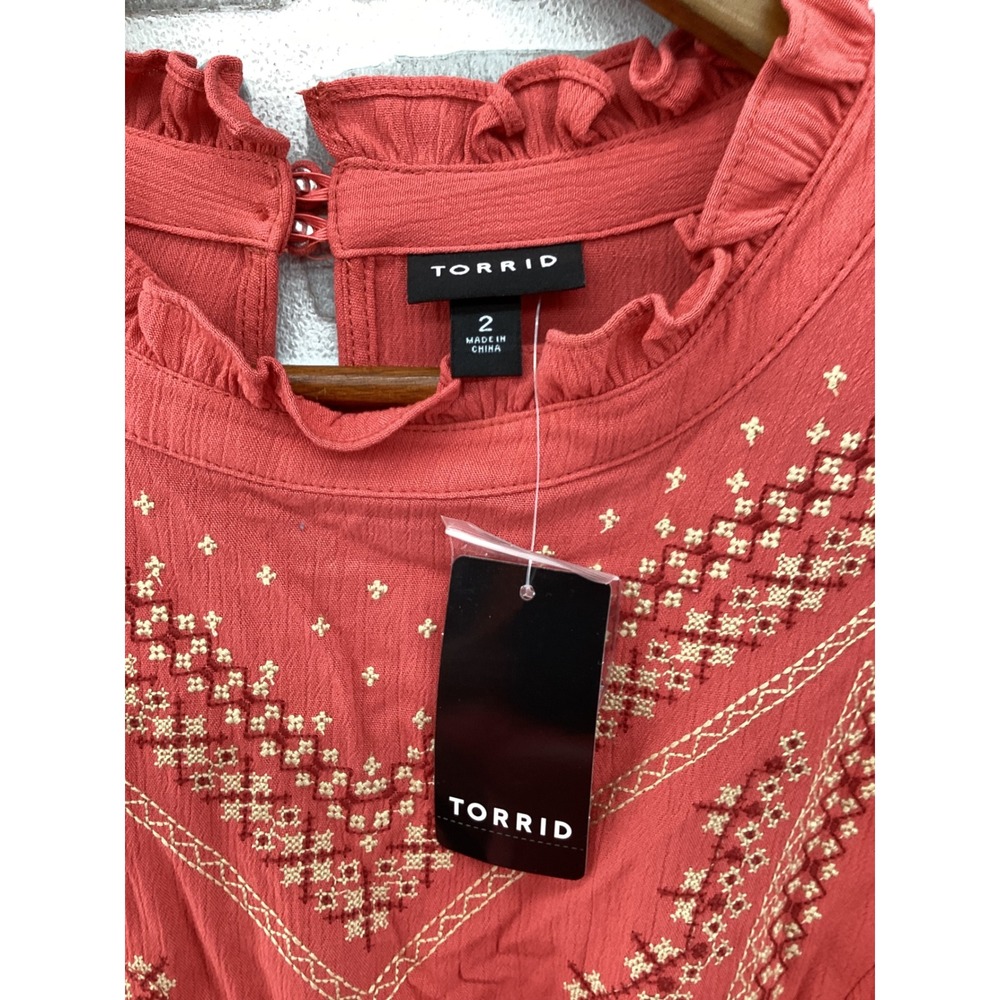 Torrid Women 2 Coral Terracotta Embroidered Ruffle Neck Long Sleeve Blouse NWT - Picture 5 of 7